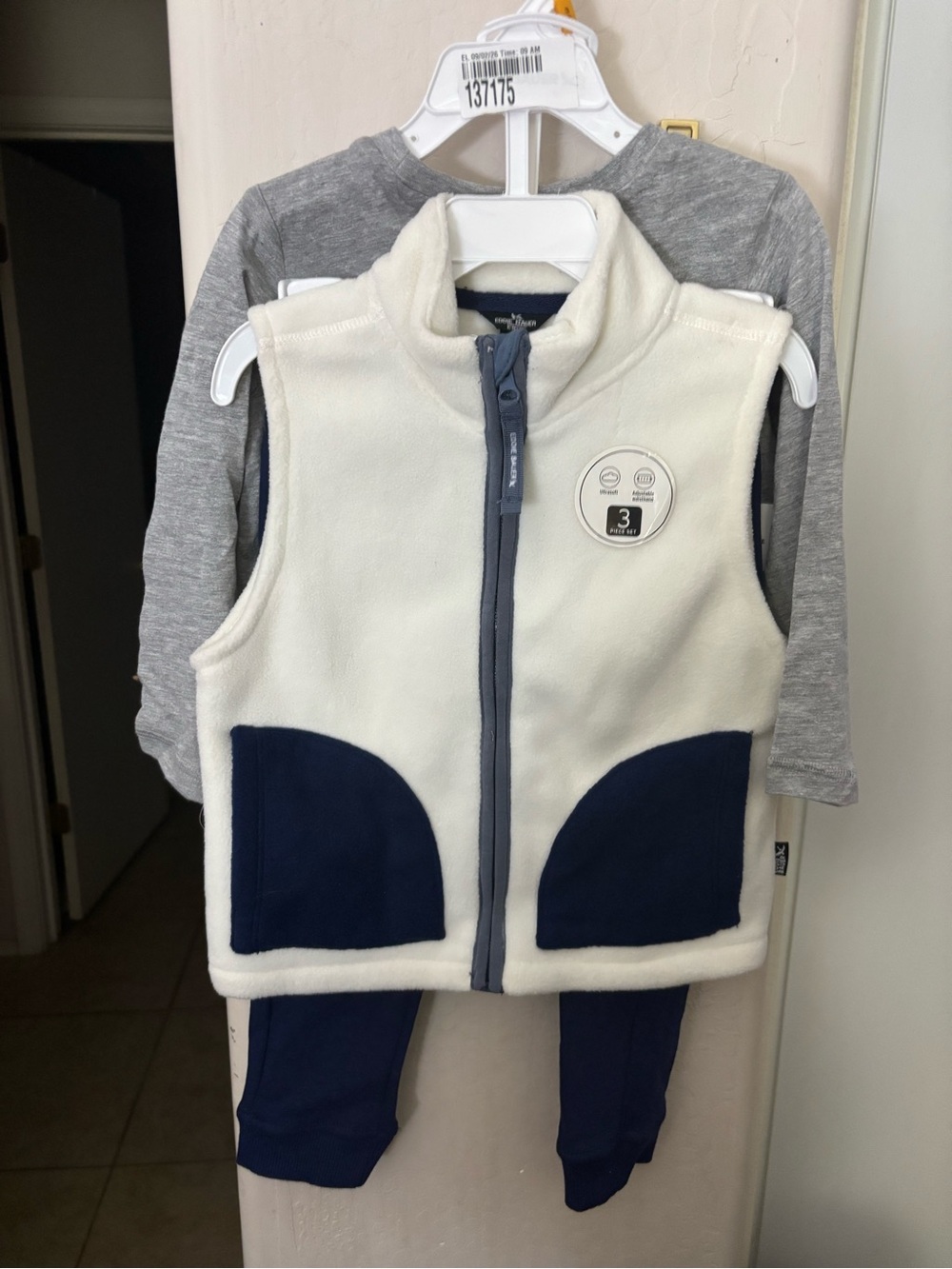 NWT Eddie Bauer Cream Fleece Vest, Navy Sweats, and gray long sleeve- Size 3T